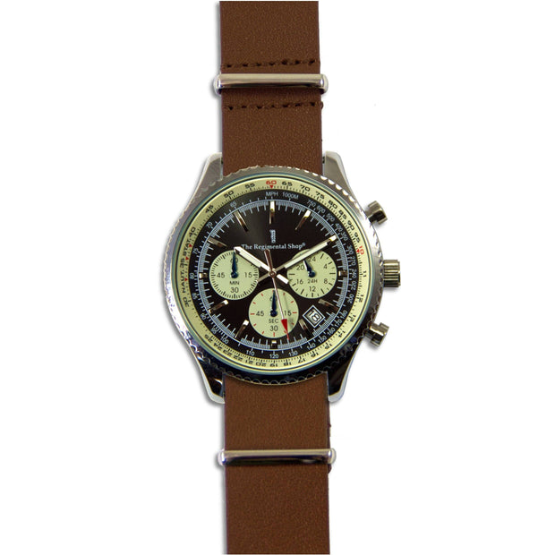 Military Chronograph Watch with Brown Leather Strap Chronograph The Regimental Shop   