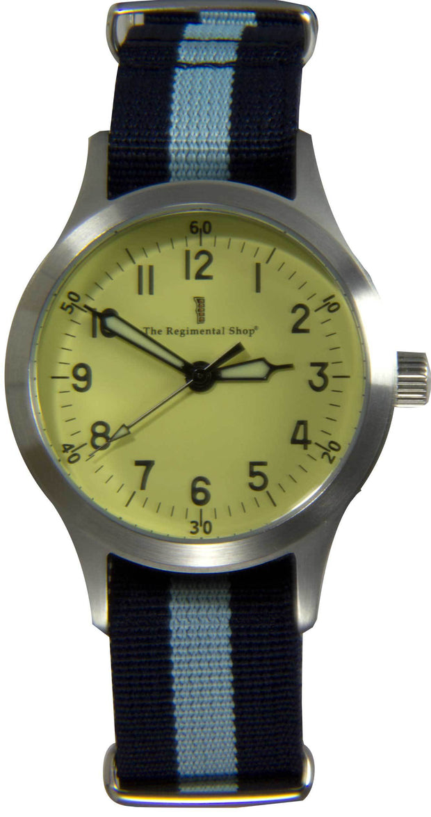 "Decade" Military Watch with Navy Blue and Light Blue Striped Strap Decade Watch The Regimental Shop   